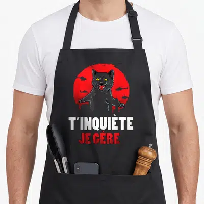 Tablier de cuisine noir avec illustration d'un chat noir menaçant et texte T'inquiète Je Gère en blanc et rouge.