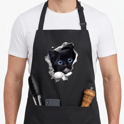 Tablier de cuisine noir avec un chat noir aux yeux bleus percant le motif comme une feuille déchirée