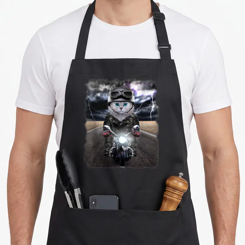 Tablier de cuisine noir avec illustration d'un chat blanc en tenue de motard sur route asphaltée.