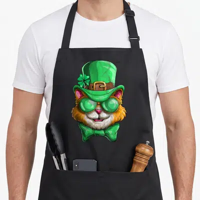 Tablier de cuisine noir avec un chat orange portant un chapeau de leprechaun vert et des lunettes de soleil.