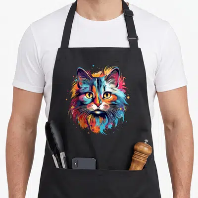 Tablier de cuisine noir avec illustration colorée d'un visage de chat aux tons bleus oranges et regards jaunes perçants