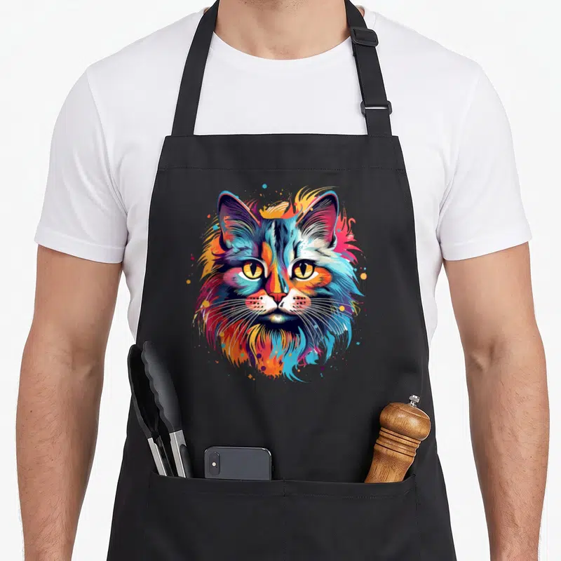 Tablier de cuisine noir avec illustration colorée d'un visage de chat aux tons bleus oranges et regards jaunes perçants
