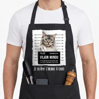Tablier de cuisine noir avec illustration Maine Coon en fiche de police Vilain Minou dossier 6725