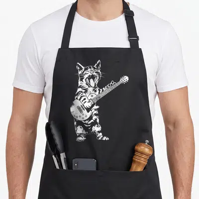 Tablier de cuisine noir avec illustration blanche d'un chat guitariste rock star en train de chanter