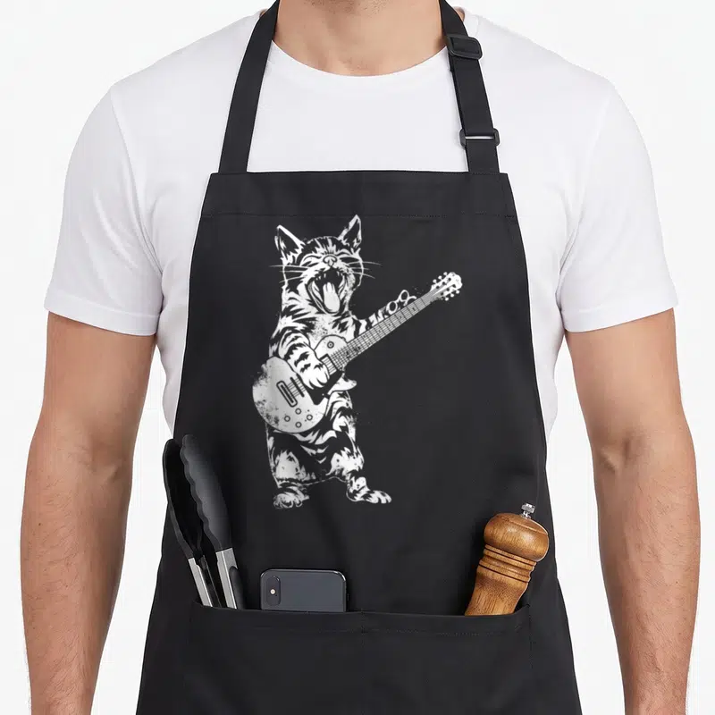 Tablier de cuisine noir avec illustration blanche d'un chat guitariste rock star en train de chanter