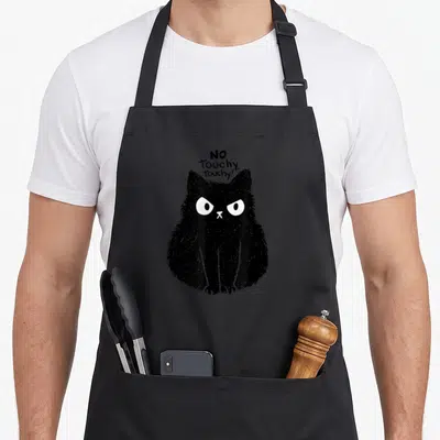 Tablier de cuisine noir avec un chat noir dessiné au style croqué et le texte No Touchy touchy.