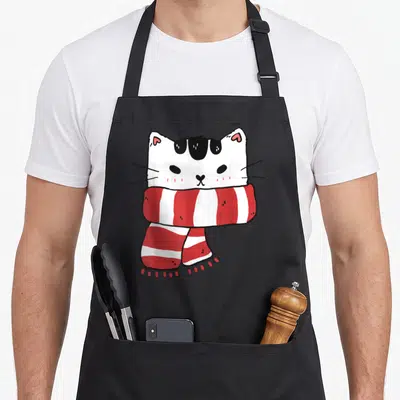 Tablier de cuisine noir avec illustration d'un chaton blanc et noir portant une écharpe rouge et blanche à rayures.