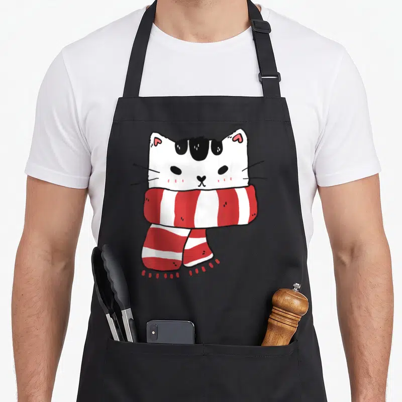 Tablier de cuisine noir avec illustration d'un chaton blanc et noir portant une écharpe rouge et blanche à rayures.