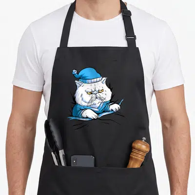 Tablier de cuisine noir avec illustration d'un chat blanc en pyjama bleu et bonnet de nuit au regard mécontent.