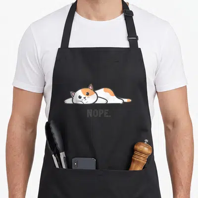 Tablier de cuisine noir avec un chat blanc et orange allongé et le texte Nope imprimé en dessous.