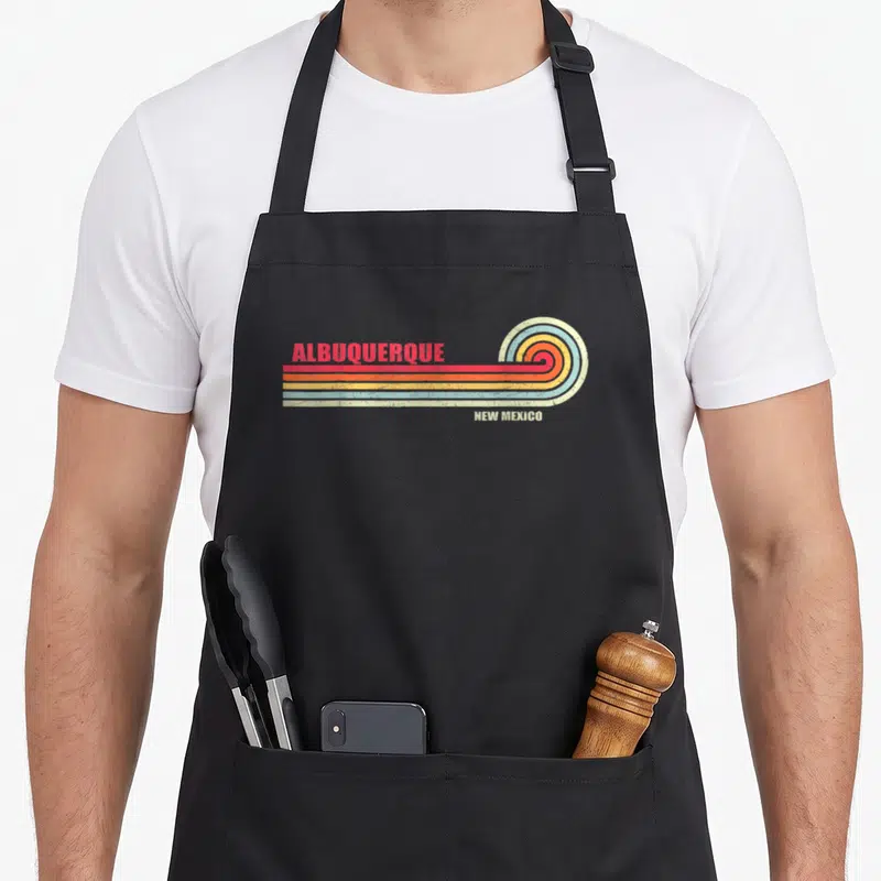Tablier de cuisine noir avec inscription ALBUQUERQUE et graphisme rétro multicolore sur fond uni.