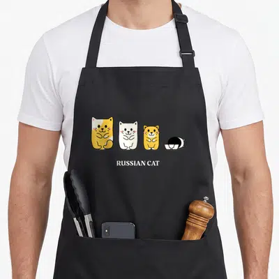 Tablier de cuisine noir avec quatre minous marrants et l'inscription RUSSIAN CAT en blanc.