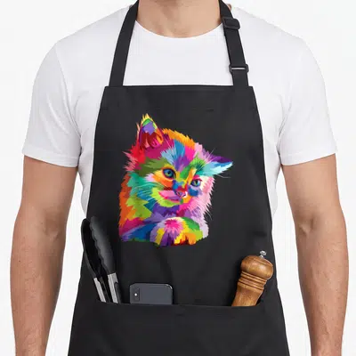 Tablier de cuisine noir avec portrait de chaton arc-en-ciel en style mosaïque géométrique multicolore.