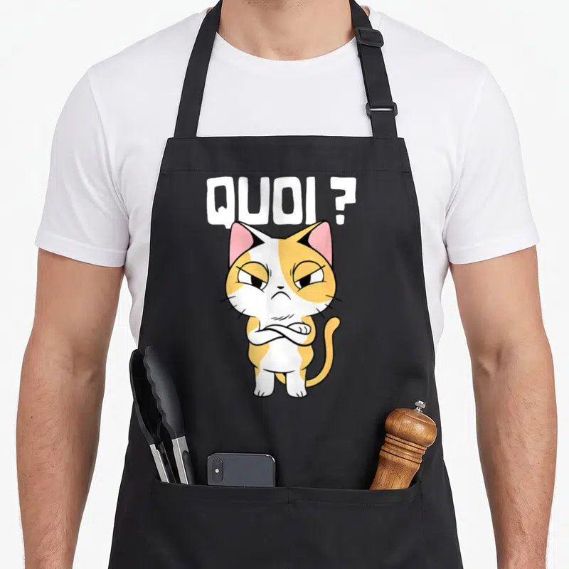 Tablier de cuisine noir avec illustration d'un chaton tricolore aux bras croisés et le mot QUOI ? en lettres blanches au-dessus.