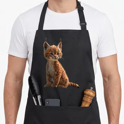 Tablier de cuisine noir avec illustration d'un jeune lynx roux assis aux yeux dorés et oreilles touffues.