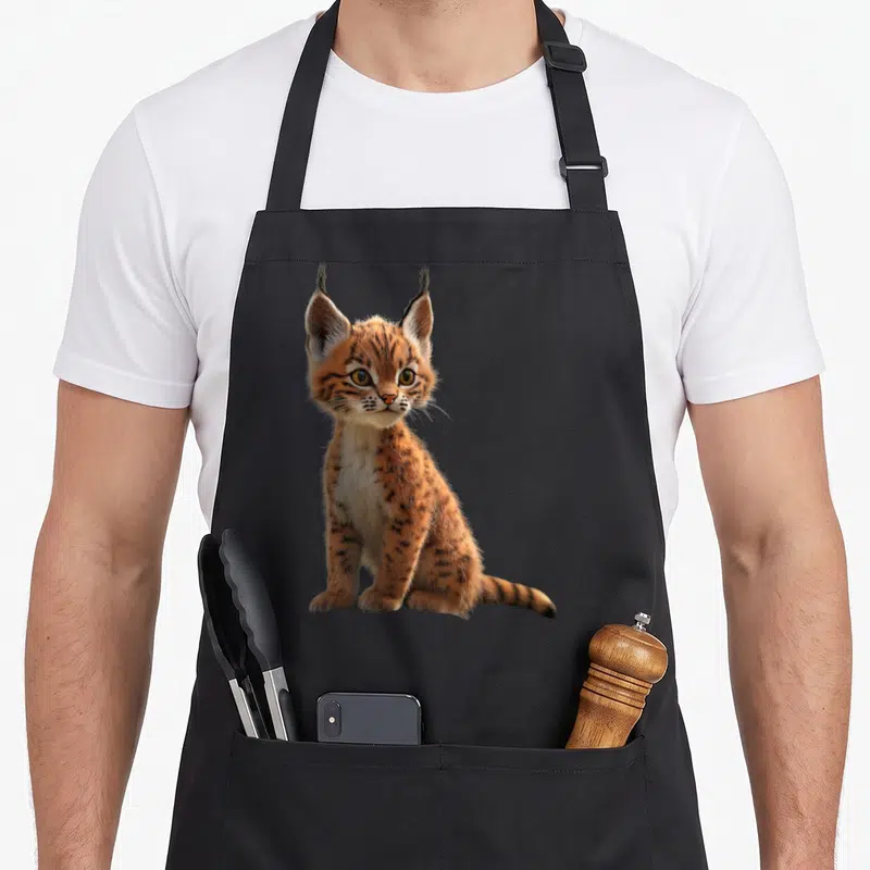 Tablier de cuisine noir avec illustration d'un jeune lynx roux assis aux yeux dorés et oreilles touffues.