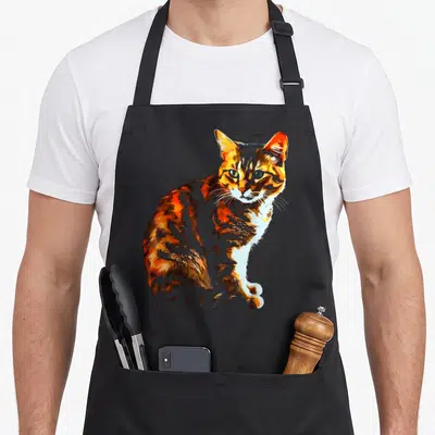 Tablier de cuisine noir avec une illustration colorée d'un chat tigré assis regardant l'observateur.