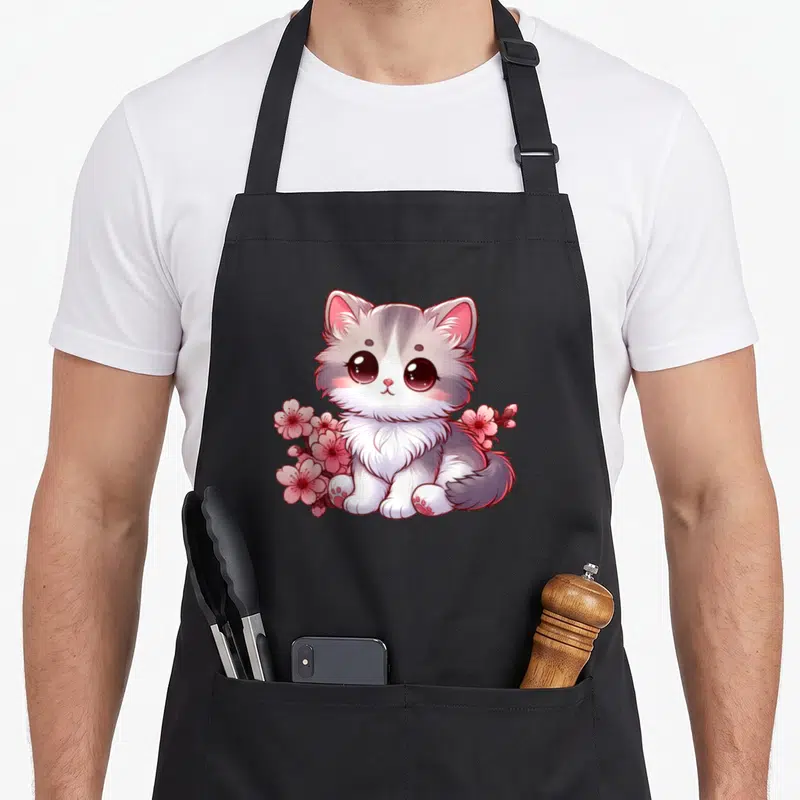 Tablier de cuisine noir avec illustration d'un chat mignon aux grands yeux entouré de fleurs de cerisier roses et blanches.