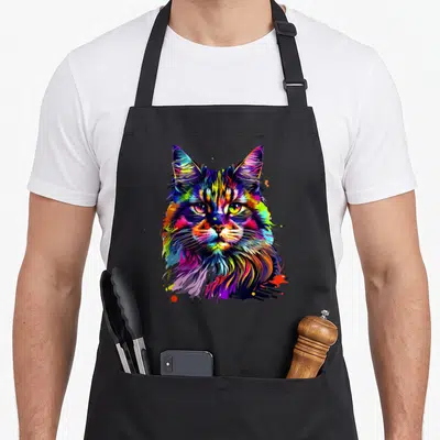Tablier de cuisine noir avec illustration pop art d'un chat Maine Coon aux couleurs vives et au regard intense.