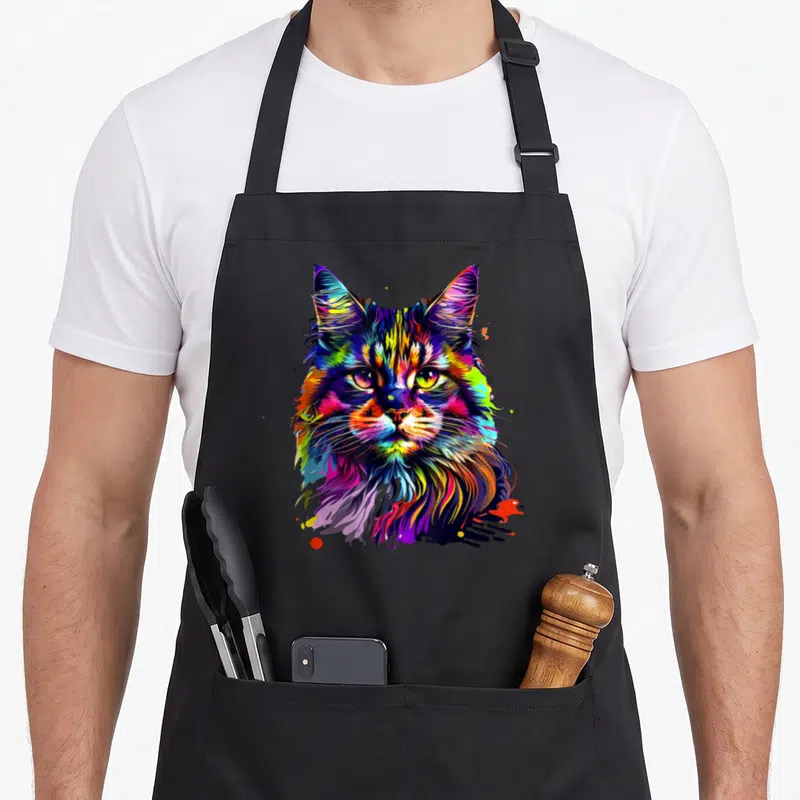 Tablier de cuisine noir avec illustration pop art d'un chat Maine Coon aux couleurs vives et au regard intense.