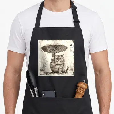 Tablier de cuisine noir avec illustration vintage d'un chat tenant un parapluie japonais et des caractères d'encre.