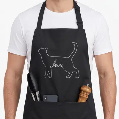 Tablier de cuisine noir avec silhouette de chat en contour blanc et le mot love inscrit au centre.