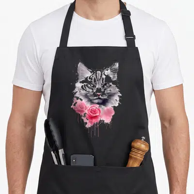 Tablier de cuisine noir avec une illustration de chat gris en peinture abstraite et des roses roses qui dégoulinent en bas du motif.