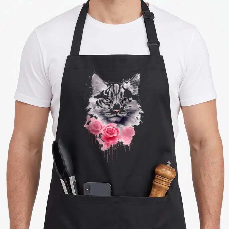 Tablier de cuisine noir avec une illustration de chat gris en peinture abstraite et des roses roses qui dégoulinent en bas du motif.