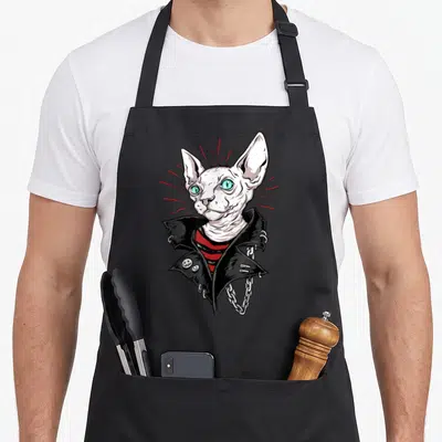 Tablier de cuisine noir avec illustration d'un chat Sphynx en veste de cuir punk et chaînes métalliques.