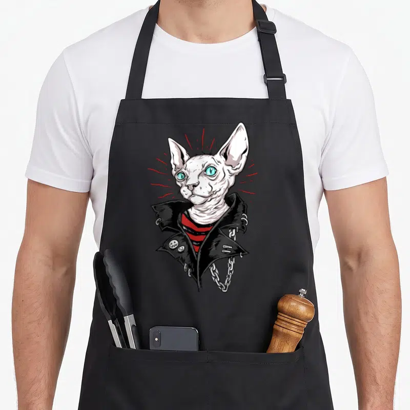 Tablier de cuisine noir avec illustration d'un chat Sphynx en veste de cuir punk et chaînes métalliques.