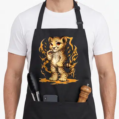 Tablier de cuisine noir avec un grand chat Jaguar aux yeux rouges entouré d'éclairs orange stylisés.