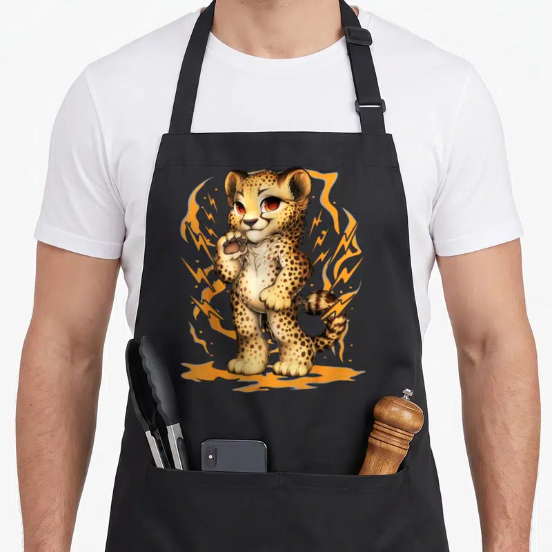 Tablier de cuisine noir avec un grand chat Jaguar aux yeux rouges entouré d'éclairs orange stylisés.