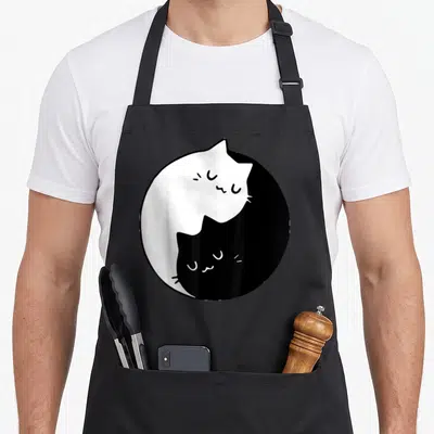 Tablier de cuisine noir avec un motif circulaire représentant deux chats stylisés en Yin Yang, l'un blanc et l'autre noir.