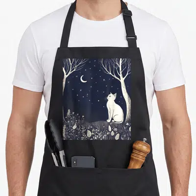 Tablier de cuisine noir avec un chat blanc assis sous des arbres et un ciel nocturne orné d'étoiles et d'un croissant de lune.