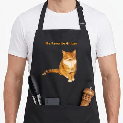 Tablier de cuisine noir avec illustration d'un chat tigré orange et texte My Favorite Ginger en haut.
