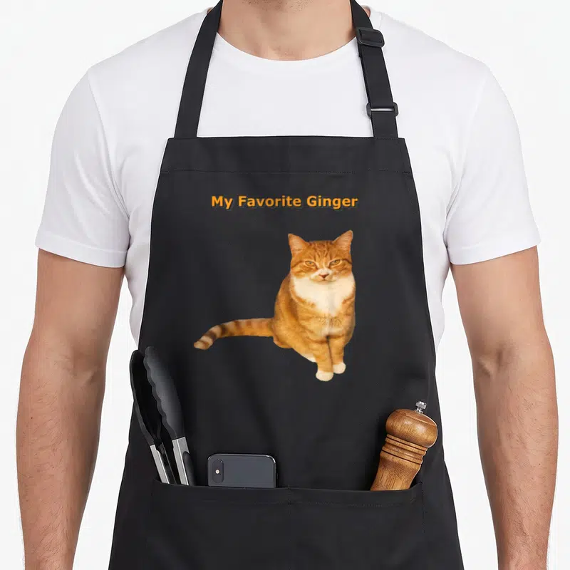 Tablier de cuisine noir avec illustration d'un chat tigré orange et texte My Favorite Ginger en haut.