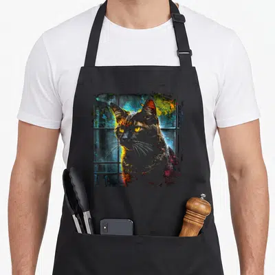 Tablier de cuisine noir avec illustration stylisée d'un chat aux yeux jaunes sur fond multicolore fragmenté.