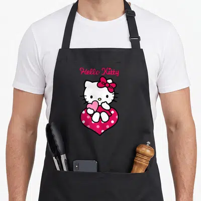 Tablier de cuisine noir avec Hello Kitty tenant un cœur rose à pois et son nom écrit en haut.
