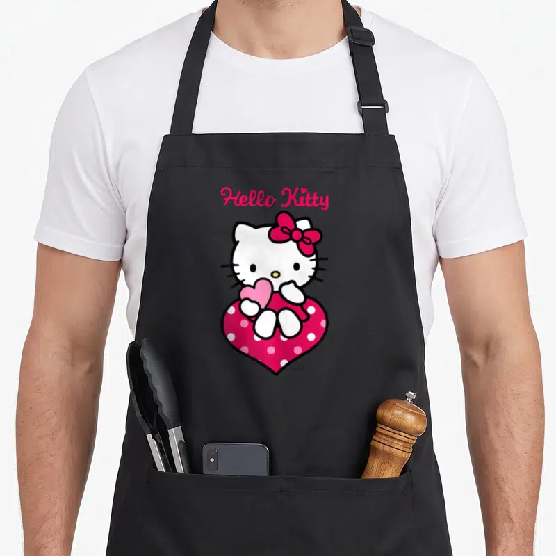 Tablier de cuisine noir avec Hello Kitty tenant un cœur rose à pois et son nom écrit en haut.