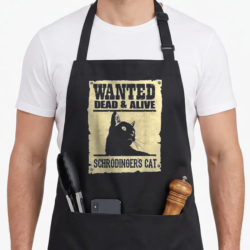 Tablier de cuisine noir avec illustration style affiche wanted représentant un chat noir en silhouette.