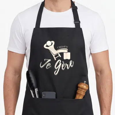 Tablier de cuisine noir avec une illustration beige d'une chaise de plage et du texte T'inquiète Je Gère en typographie manuscrite.
