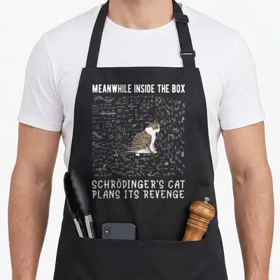 Tablier de cuisine noir avec illustration d'un chat tigré blanc sur fond d'équations scientifiques blanches.