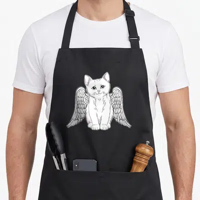 Tablier de cuisine noir avec illustration d'un chaton blanc aux ailes d'ange dessinées au trait fin.