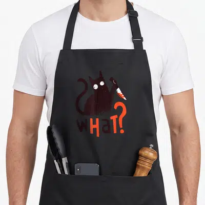 Tablier de cuisine noir avec illustration d'un chat noir tenant un couteau à steak ensanglanté sous le mot What en orange et noir.