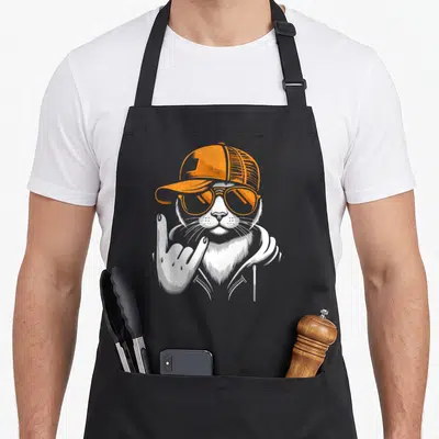 Tablier de cuisine noir avec illustration d'un chat rockeur portant une casquette et faisant un signe de la main.