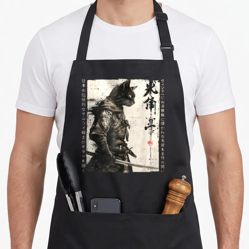 Tablier de cuisine noir avec illustration d'un chat samurai guerrier à l'encre et calligraphie japonaise.
