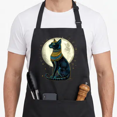 Tablier de cuisine noir avec illustration d'un chat bleu coiffé d'un diadème égyptien devant une lune jaune.