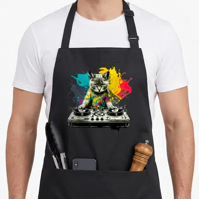 Tablier de cuisine noir avec un chat DJ aux platines et des éclaboussures de peinture colorées sur le fond.