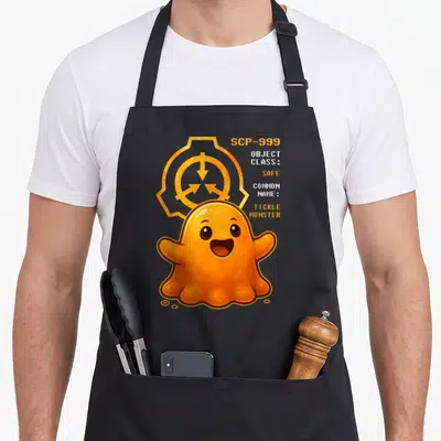 Tablier de cuisine noir avec illustration orange du Tickle Monster SCP-999 et logo organisationnel en arrière-plan.