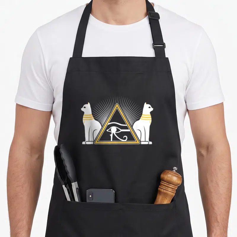 Tablier de cuisine noir avec deux chats blancs et un oeil d'Horus dans un triangle doré.